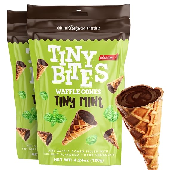 BeeMax Tiny Bites Mint Chocolate Mini Waffle Cones - 4.24 oz Bag (Pack of 2) - Crispy Waffle Cones Filled with Belgian Mint Chocolate - Bite-Sized Snacks for Parties, Lunchboxes & Dessert Boards