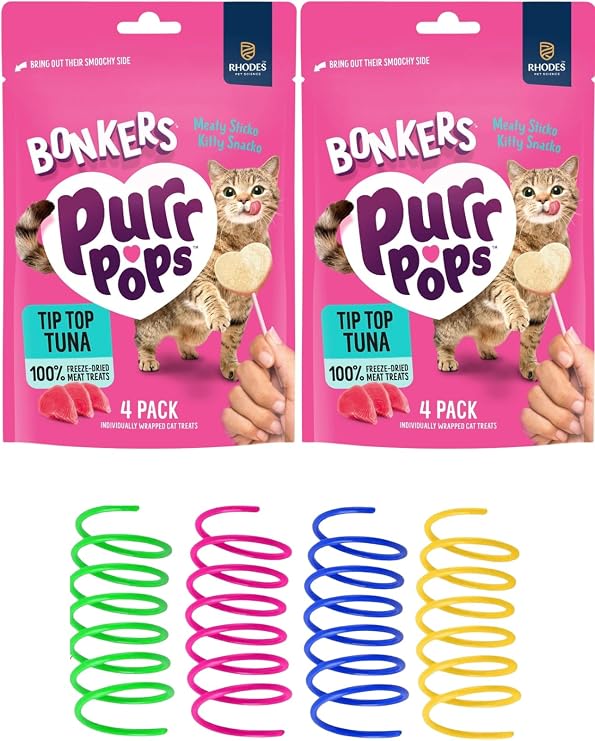 Bonkers Purr Pops Tip Top Tuna Freeze-Dried Cat Treats with Colorful Spring Toys, 4 Count Individually Wrapped Lollipops, 2 Pack
