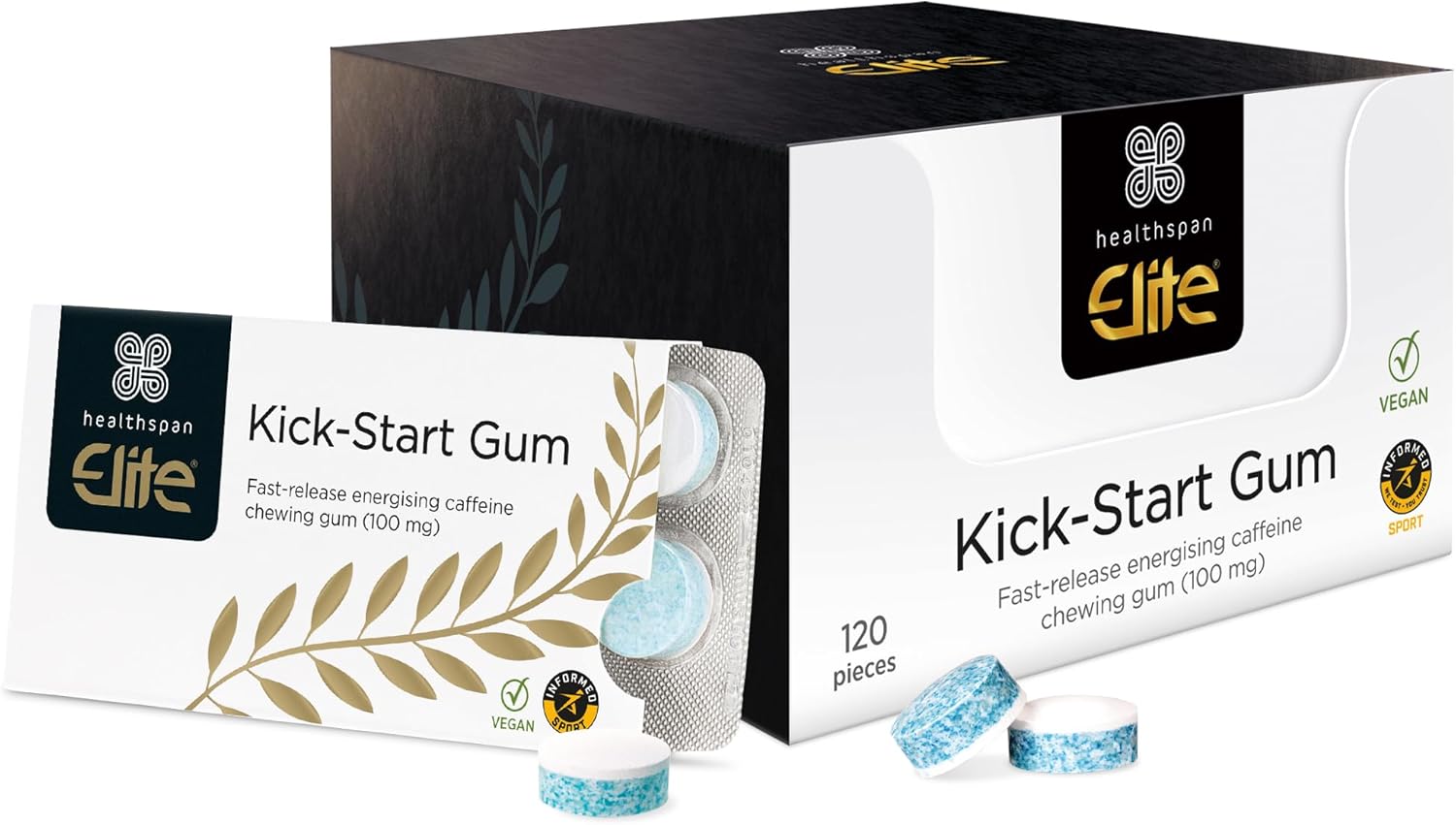 Healthspan Elite Caffeine Chewing Gum | 100mg Fast-Release Caffeine | All Blacks Official Partner | Informed Sport Accredited | Energy | Mint Flavoured | Vegan (120 Pieces)