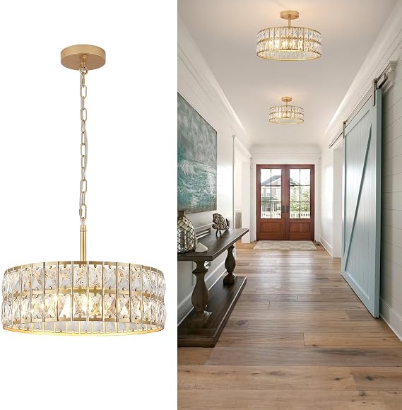 Gold Crystal Chandelier: 16" 5-Light semi Flush Mount Chandelier | Round Ceiling Light with K9 Crystals - Modern Luxury Light Fixtures for Dining Room Hallway Kitchen Living Room - E12 Base