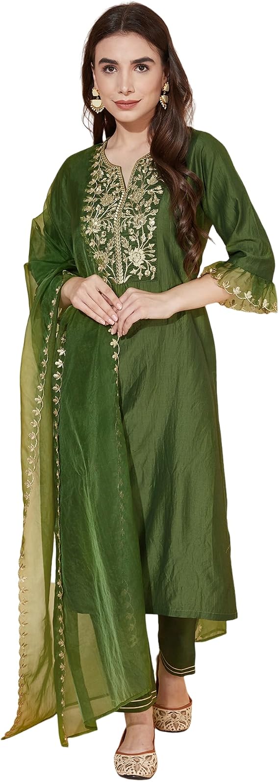 SIRIL Women's Embroidery Chinnon Silk Straight Kurta Set with Dupatta