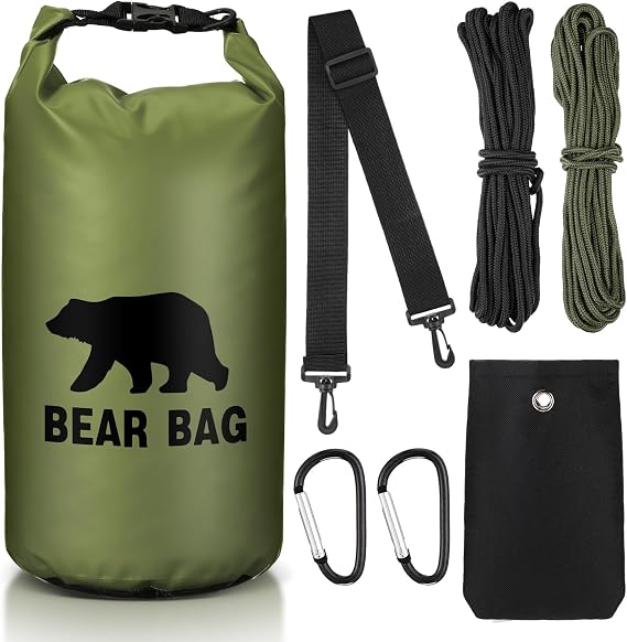 Foilswirl Bear Bag Food Storage System for Camping,10 L,Army Green | Waterproof Bear-proof Hanging Kit, Nylon Ropes Carabiners Shoulder Strap Included, Lightweight for Backpacking Hiking Trips