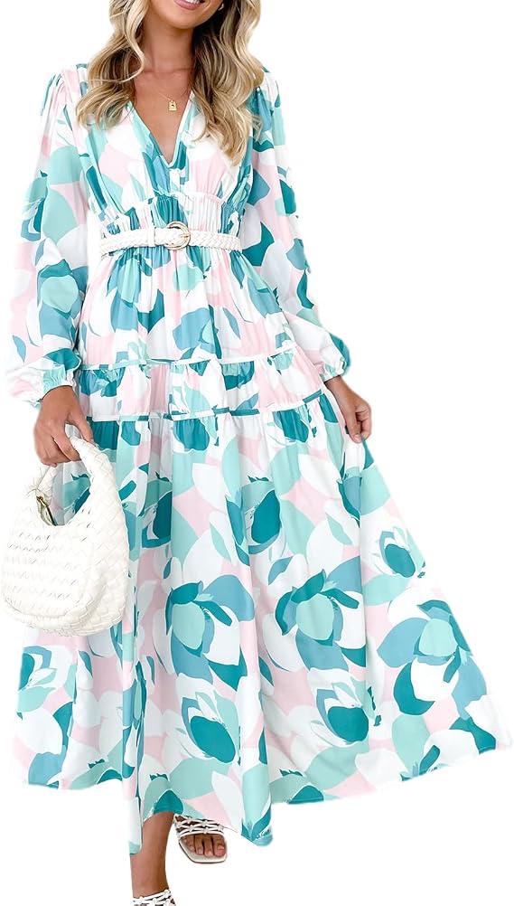 Women Boho Deep V Neck Puff Sleeve Maxi Dress Casual Floral Chiffon Tiered Flowy Swing Party Long Dress