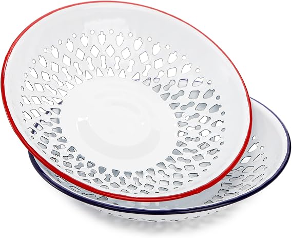 Frcctre 2 Pack Enamel Colander Bowls, Vintage Self-draining Metal Kitchen Colander Strainer Enamel Plates Fruit Bowl, Red/Blue Edge Country Original Home Kitchen Decoration