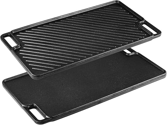 Cast Iron Griddle Pan, Double-Sided Non-Stick Pre-Seasoned BBQ Grill Pan for Gas, Electric, Induction & Oven Safe - 46x26cm Rectangular with Flat & Ridged Surfaces