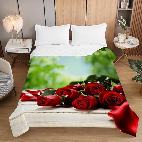 Chickwin Quilt Bed Throws Cotton Filling Duvet, Rose Flower Printed Microfiber Lightweight Comforter - Reversible Quilted Bedspreads Embossed Coverlets for All Season (Green,100x150cm)