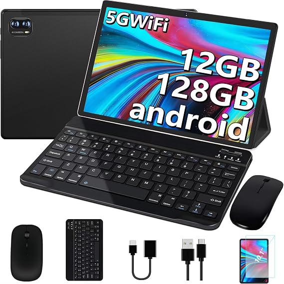 Newest Tablet 10 Inch Android Quad Core 12GB RAM + 128GB ROM (2TB TF) | WiFi 5G | FHD | 8000mAh | GPS | 8MP + 5MP | Type C,Keyboard and Mouse - Gray