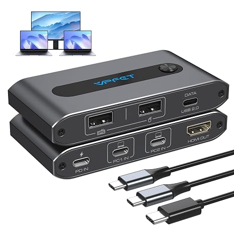 4K@60Hz USB C KVM Switch 1 Monitor 2 Computers HDMI KVM Switch 2 Laptops Share 1 Monitor 3 USB Devices with Up to 100W PD Charging for Windows Mac Laptop
