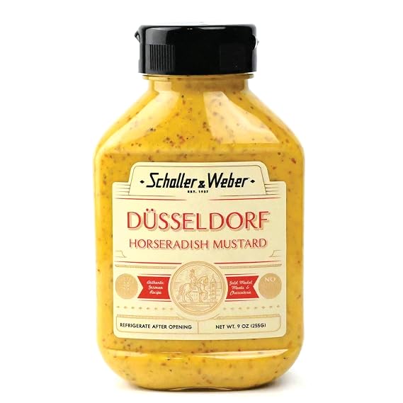 Schaller & Weber Dusseldorf Horseradish Mustard, 9 Oz Squeeze Bottle (1pk) | Spicy German Mustard with Horseradish, All Natural Deli Mustard for Sausages, Pretzels & Sandwiches