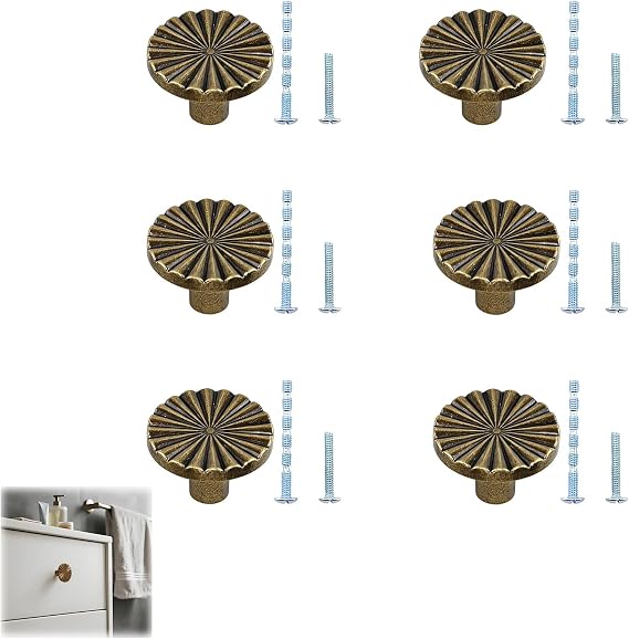 Antique Brass Cabinet Knobs 6 Pcs, Vintage Drawer Handles Copper Round Cupboard Knobs 30mm Antique Style Kitchen Cupboard Handles Zinc Alloy Wardrobe Door Knobs with 12 Screws for Dresser Furniture
