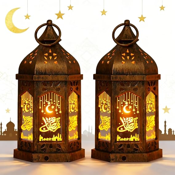 Ramadan Decorations for Home, Tabletop Ramadan Lantern Decorations, Battery Operated Islamic LED Lantern Light, Hanging Decor with Moon Star, Vintage Eid Ramadan Home Party Table Windows