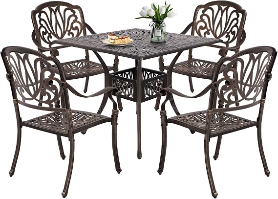 Grepatio 5 Piece Cast Aluminum Patio Dining Set Outdoor Furniture Set 4 Patterned Back Chairs and 1 Large Square Table with 2.4" Umbrella Hole Outdoor Furniture Dining Set for Patio Garden