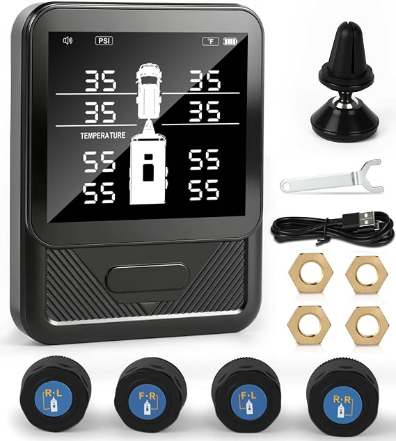 MR CARTOOL Tire Pressure Monitoring System with 4 Sensors &6 Alarm Modes, 3.15" Color LCD Display Wireless TPMS with Auto on/Off &Voice Promp, 0-100 PSI for RV/Trailer/Truck/5th Wheel