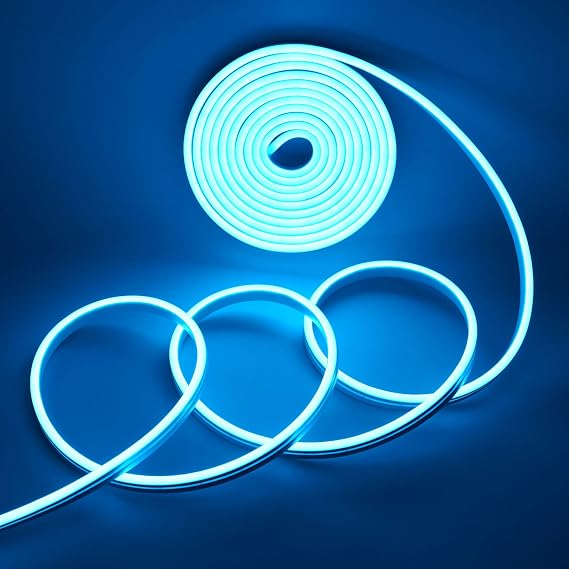 YM E-Bright LED Neon Strip Lights, 16.4ft 600SMD Ice Blue Waterproof 12V | Flexible waterproof rope suits signs, bars, kitchens, bedrooms, parties, and outdoor decor; power supply not included.