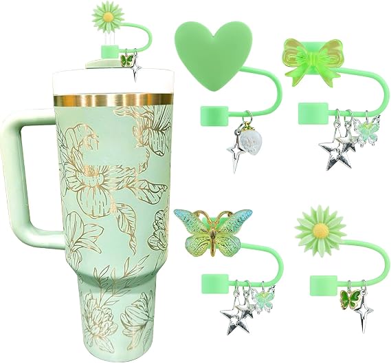 Green Straw Cover for Stanley Cup 30/40 OZ Flower Straw Toppers | 4 PCS Heart Straw Toppers for Stanley Cup Accessories, Cute Butterfly Straws Cover Cap, Silicone Tumblers Accessories
