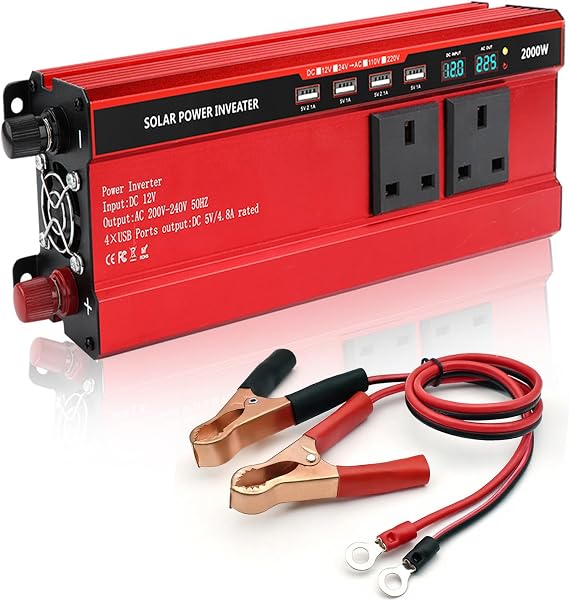 2000W Power Inverter 12V to 240V - Car Inverter DC 12V to AC 240V UK with LED Display, with 3 UK Sockets and 4 USB for Outdoor Activities and Travel