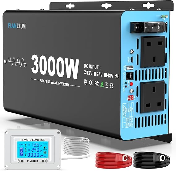 3000w Pure Sine Wave Power Inverter DC 12V to AC 240V Voltage Converter with 2 AC Outlets,1 USB-A Port,1 USB-C Port,LCD Remote Control,for Motorhomes,Trucks,Boats,Camping,6000W Peak
