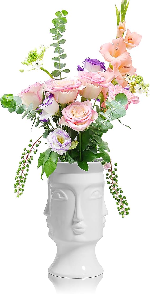 ComSaf Ceramic Flower Vase White, Modern Human Face Design Bud Vase Tall Posy Bouquet Centerpiece for Home, Wedding, Christmas Decoration (7 Inch Height)