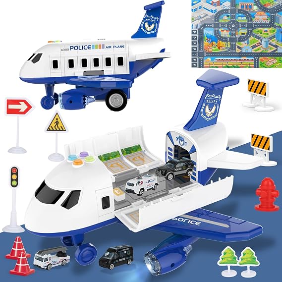 Airplane Toy with Police Cars and Play Mat, Boy Toy Storage Transport Cargo Airplane|Kid Toys Carrier Vehicle Toddler Toys, Plane with Lights & Sounds Car Gifts for 2 + Years Old Boys and Girls