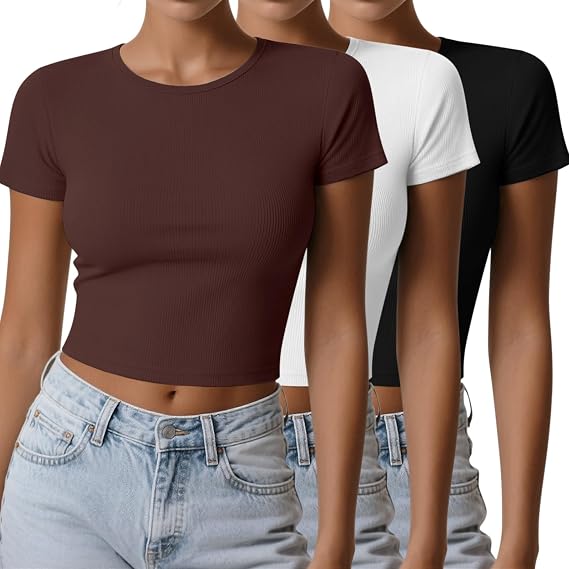 3 Pack Womens Short Sleeve Tops Cropped T Shirts Basic tees for Women,Crew Neck Fitted Tshirt Casual Summer Tops