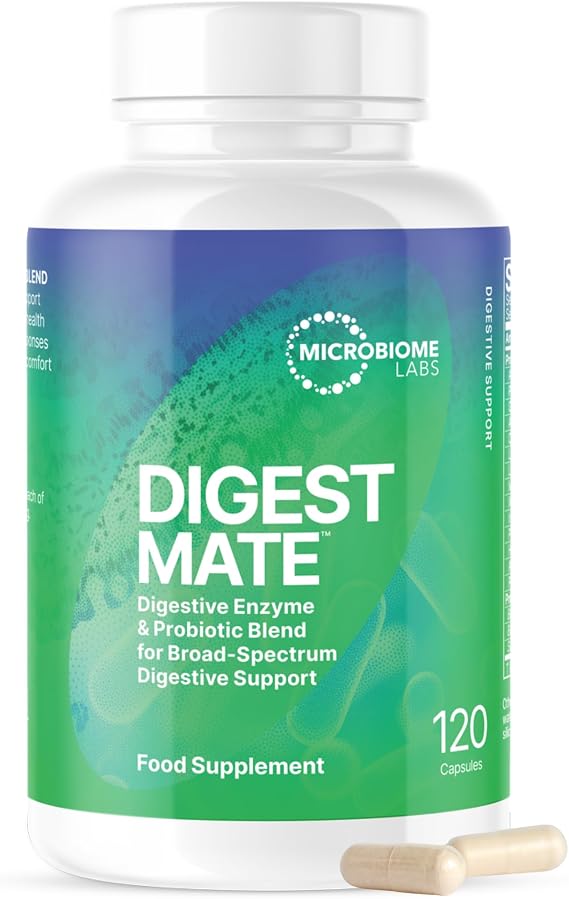 Microbiome Labs DigestMate - Digestive Enzyme Blend & Bacillus bacteria | 14 digestive enzymes plus Bacillus subtilis HU58 and S. boulardii, broad-spectrum digestion and gut support, vegan, 120 caps
