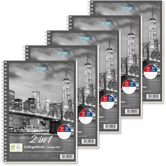 Stylex 40032-P5 Duo College Notepad with Spiral Bound DIN A4 50 Sheets Squared and 30 Lined Sheets Pack of 5