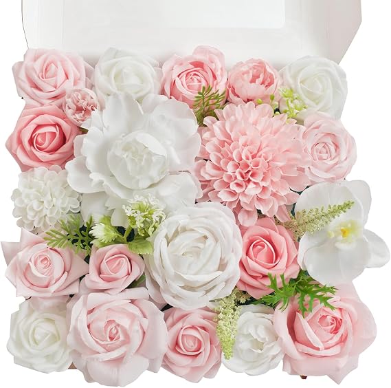 TINGE TIME Artificial Flowers Combo Mix Silk Flowers Pink Roses w/stem for DIY Wedding Bridal Bouquets Baby Shower Floral Arrangement Table Centerpieces Home Decorations (Blush Pink & White)