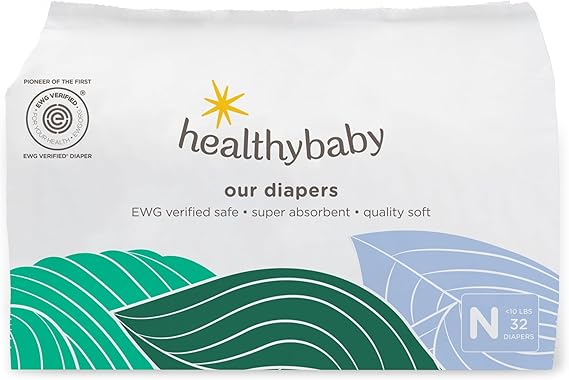 HealthyBaby Non-Toxic Diapers for Sensitive Skin - Size NB, 32 Count | EWG Verified & Microbiome-Friendly. Made with organic cotton & plant-derived materials. 12-hour leak protection. TCF.