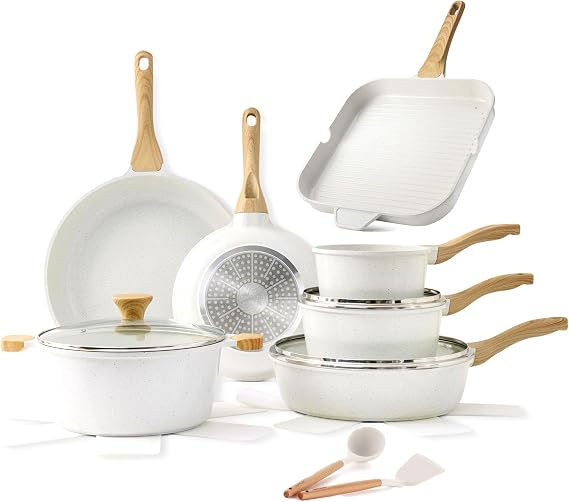 SENSARTE Ceramic Nonstick Cookware Set 17 Piece, includes 12 inch Grill Pan, Induction Kitchen Set