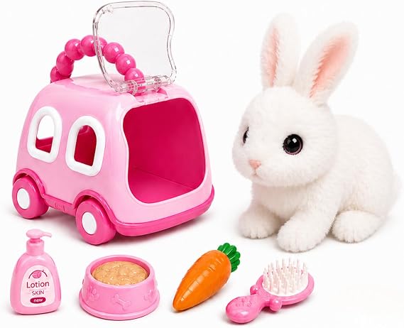 Oyuncak Sesli Işıklı Yürüyen Hareketli Köpek Kedi Tavşan Taşıma Çantalı Aksesuarlı Set Taşınabilir Çanta Emekleme Oyuncağı Aksesuarlı Çocuklar İçin Eğitici Hayvan Sevgisi (Pembe-Tavşan)