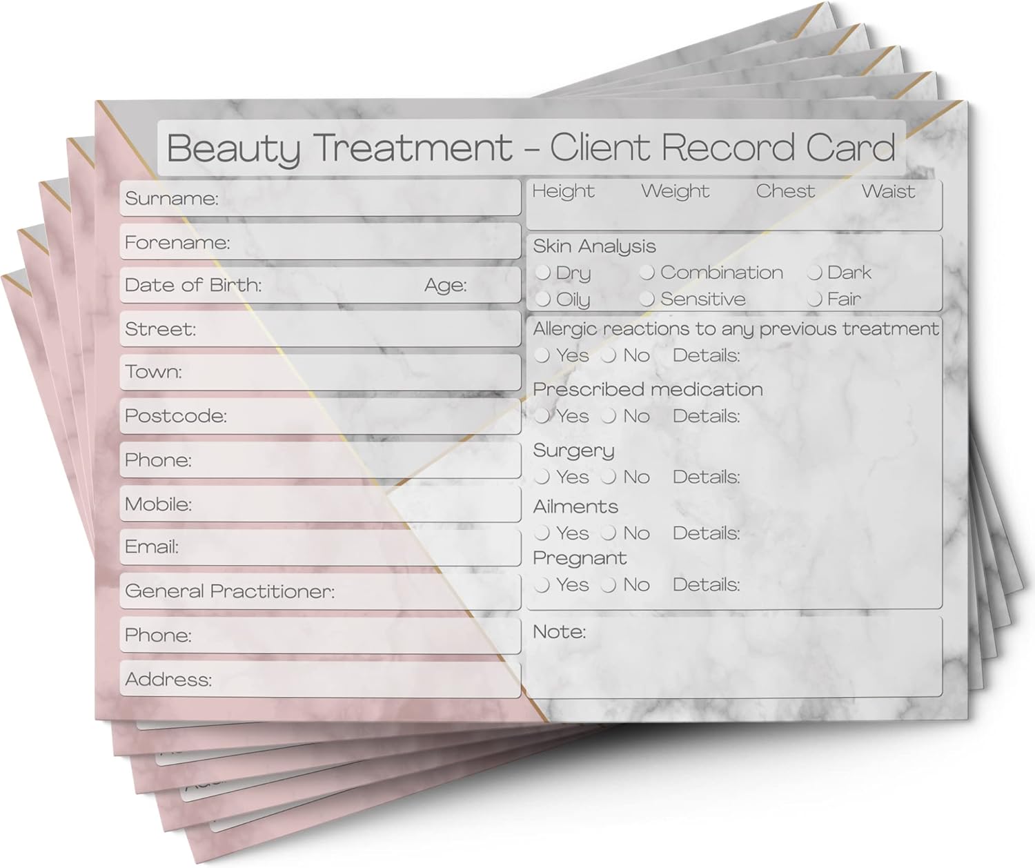 Beauty Client Cards - Salon and Therapist Customer Consultation Record - Treatment Services Essentials - Profile and Recording Forms - Gift, Loyalty Vouchers Beauty Stationery Pack of 25