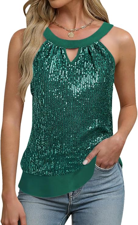 Giovacker Womens Glitter Sequins Halter Tank Top
