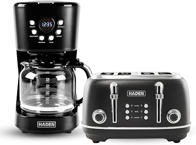 Haden Heritage 4 Slice Wide Slot Stainless Steel Toaster Bundled with 12 Cup Programmable Drip Coffee Maker Coffee Machine, Black & Chrome