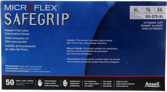 Ansell MICROFLEX SafeGrip SG-375 Exam Standard Gloves - Size XL, Blue (Box of 50)