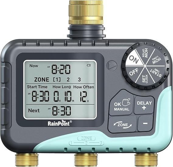 RAINPOINT Water Timer 3 Outlets with Brass Inlet and Outlet, Automatic prinkler Timer with Rain Delay/Manual Watering/large LCD display, Garden Smart Irrigation Time for Yard, Lawn