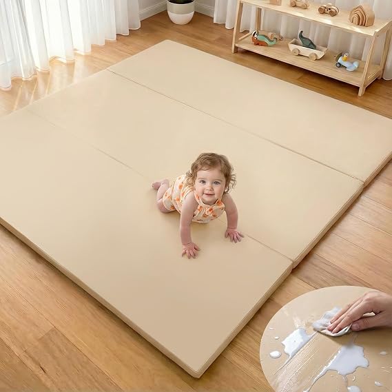 Mallify Foldable Baby Play Mat, 50''x50'' Waterproof 1.3" Thick Foam Vegan Leather Playpen Mat for Infants and Toddlers, Portable Baby Mat for Floor, Beige