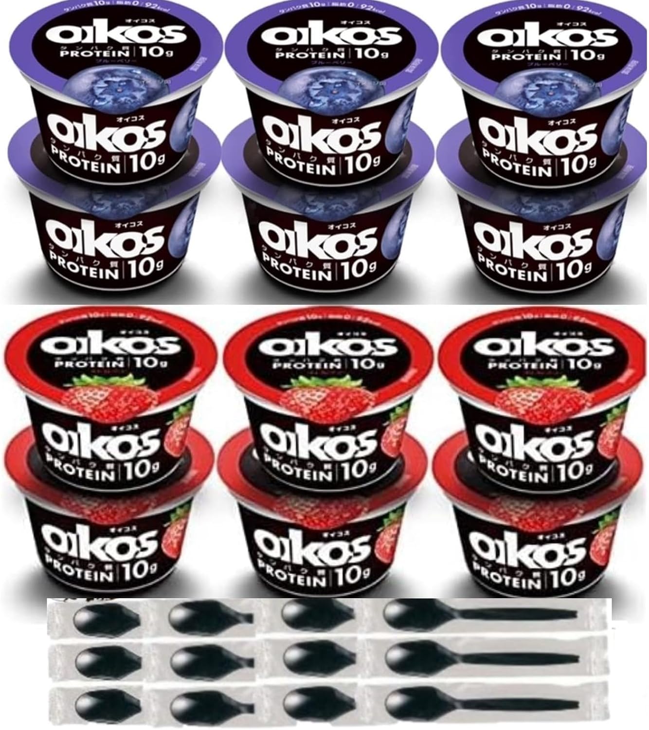 Refrigerated Danon Yogurt, Oicos, 2 Types, Set of 6 Each, 4.1 oz 113 g, 12 Pieces Blueberry, Strawberry, Disposable Spoon Included