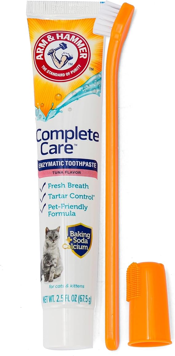 Arm & Hammer Complete Care Cat Dental Kit, Tuna Flavor Enzymatic Cat Toothpaste, Dual-Head Toothbrush & Finger Brush, Baking Soda + Calcium, Fluoride-Free Formula, 2.5 oz