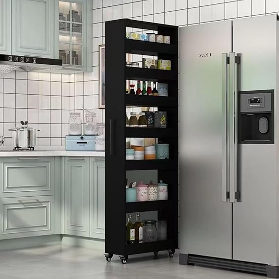 Black Walnut,Large, Slim Storage Cart, Kitchen Rolling Cart, Narrow Storage Cabinet with Handle & Wheels, Wood Spice Rack Next to Fridge, Pantry Shelf for Kitchen, Small Spaces