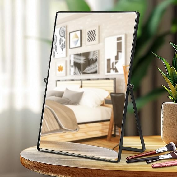 Vanity Mirror, Metal Frame Desk Makeup Mirrors, Portable Black Bathroom Mirror Free Standing, 360° Adjustable Rotation Dressing Table Mirror for Bathroom Bedroom
