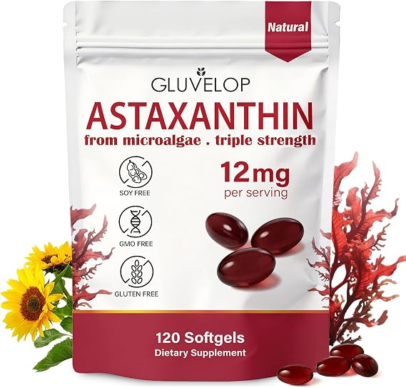 Premium Astaxanthin 12mg Supplements - Natural Microalgae Antioxidant for Skin, Eye & Immune Health - Non-GMO, Triple Strength, 120 Softgels (4 Month Supply)