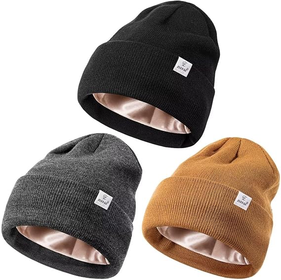 3 Pack Satin Lined Winter Beanie Hats for Women Men,Silk Lined Womens Beanies Knit Soft Warm Cuffed Hat