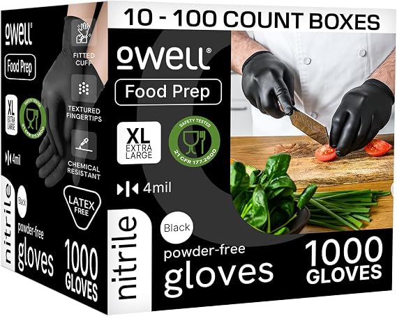 OWELL Black Nitrile Gloves - 4 Mil Food Safe Disposable Gloves - Latex-Free, Powder-Free, Medical Exam & Chemical Resistant
