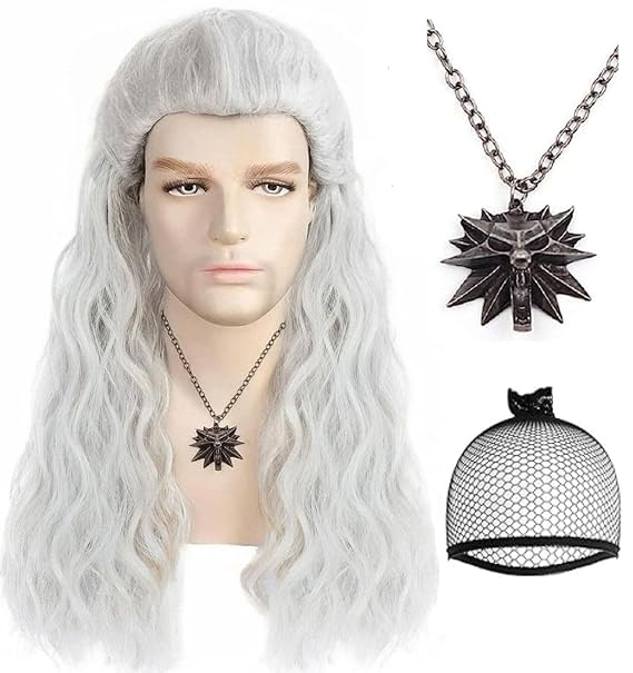BESTBEL Long Curly Silver Wig with Necklace Silver White Cosplay Wig Men | Gray White Wigs Gray Anime Wig with Accessories for Cartoon Cosplay Halloween Outfit Christmas Costume +Hair Net