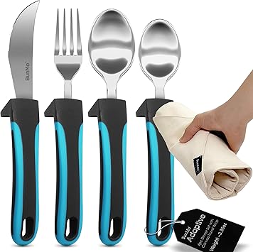 BUNMO Weighted Utensils for Hand Tremors - Elderly, Weak Hand Grip & Handicapped - Stainless Steel - Eat Independently
