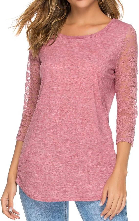 Women's 3/4 Lace Sleeve Round Neck T-Shirt Casual Blouses Tunics Tops