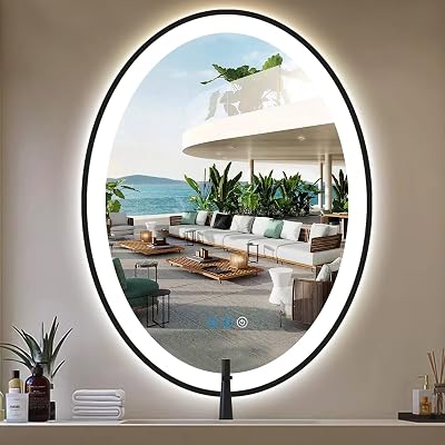 36 x 24 Inch Black Frame Oval LED Mirror for Bathroom Salon Wall Mounted Antifog Smart Memory 3 Color Dimmable 36 Ovals LED Bathroom Mirror with Light Black Framed Oval Lighted Vanity Mirror
