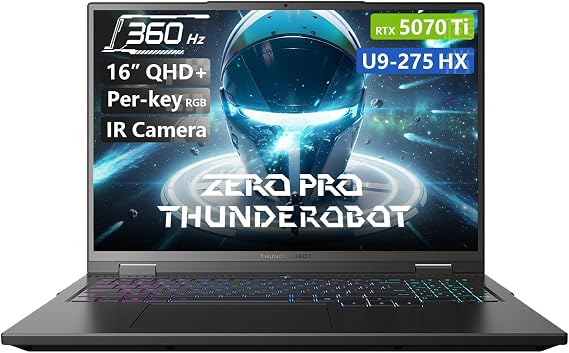 Thunderobot Zero 16 Pro 5070Ti Gaming Laptop, GeForce RTX 5070 Ti, Core Ultra 9 275HX, 16" QHD+ 360Hz Hummingbird IPS Display, 32GB DDR5, 1TB SSD, Per-Key RGB, HD Camera, Wi-Fi 6E, Windows 11 Home