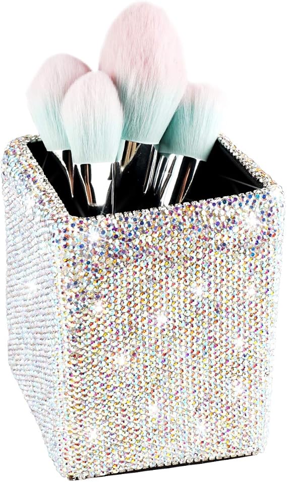 Crystal Pencil Pen Pot Holder Box Bling Rhinestone Pen Organizer Holder Cosmetic Pencil Container Comb Brushes Personalized (Square AB Color)