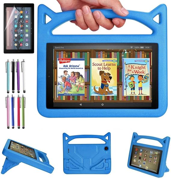Case for Amazon Fire HD 10 Inch Tablet (11th Generation, 2021 Released) - Lightweight Shockproof Kickstand Handle Kids Cover Case + 1 Screen Protector and 1 Stylus (Blue)